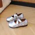 Silver Mary Jane flats for girls with metallic finish and pearl rhinestone buckle - 21 / Silver