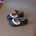 Girls black Mary Jane shoes with white wavy edges and delicate floral embroidery - 21 / Black / 0.0