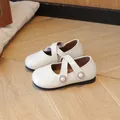 White Mary Jane shoes for girls with criss-cross straps and pearl flower accents - 21 / Beige
