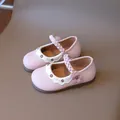 Pink Mary Jane shoes for girls featuring floral embroidery and woven straps - 24 / Pink / 0.0