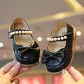 Mädchen Mary Jane Lederschuhe in Schwarz mit großer Schleife und Perlenriemen - Größe 16 (Innenlänge 11.9cm) / Schwarz