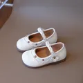 Creamy white Mary Jane shoes for girls with floral embroidery and woven strap - 22 / Beige / 0.0