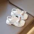 Girls' white open-toe sandals with a stylish taupe bow and elastic heel strap - EU 26 / White