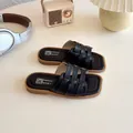 Girls black woven leather slide sandals with vintage square toe and brown sole - EU 26 / Black