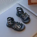 Classic black girl's roman sandals with stylish metal buckles and back zipper closure - EU 26 / Black