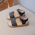 Cute black girls floral princess sandals with 3D flowers and silver studs - 22 / Black