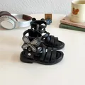 Girl's black gladiator sandals with rhinestone bows and soft soles for summer - EU 22 / Black