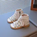 Sandali gladiatore bianchi da bambina con frange, borchie dorate e zip posteriore - EU 26 / Beige
