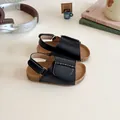 Girls' black minimalist open-toe sandals with velcro closure and cork-style flat sole - EU 21 / Black