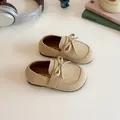 Beige suede kids loafers with bow detail and soft inner lining for girls - 21 / Khaki