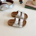 White children's double buckle sandals with soft cork sole and high-quality leather texture - EU 21 / Beige