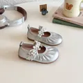 Silver Mary Jane shoes for girls with elegant pearls and a chic silk bow detail - 16 / Silver