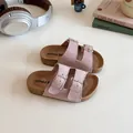 Pink suede girls' Birken-style slides with dual buckles and cork footbed - EU 21 / Pink