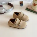Classic khaki suede round-toe loafers for girls with secure double hook-and-loop straps - EU 21 / Khaki