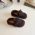 Dark coffee suede girls princess shoes with bow detail and minimalist design - 21 / Brown