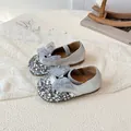 Girls' silver sequined princess shoes with blue tulle bow and diamond accent - EU 21 / Silver