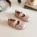 Pink Mary Jane shoes for girls with pearl bow decor and soft anti-slip sole - 16 / Pink
