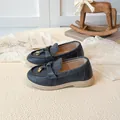 Navy blue leather girls loafers with metal buckle and soft rubber sole shoes - EU 21 / Blue