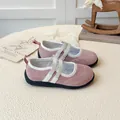 Pink girls' Mary Jane casual shoes with white elastic straps and durable black soles - 21 / Pink