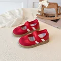 Red Mary Jane running shoes for kids with white stripes and brown rubber sole - EU 27 / Red