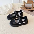 Kids black Mary Jane sneakers with double white stripes and easy hook-and-loop straps - EU 27 / Black