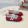 Red faux suede Mary Jane shoes for girls with white elastic cross straps and rubber sole - 21 / Red