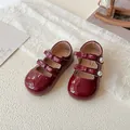 Dark red patent leather Mary Jane shoes for girls with pearl accents and bow straps - Size 21 (Inner Length 13.9cm) / Burgundy