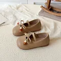 Scarpe Mary Jane bambina color caffè chiaro con fiocco e perline in pelle opaca - EU 21 / Cachi