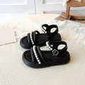 Girls black leather sandals with elegant pearl accents and comfortable platform sole - EU 26 / Black