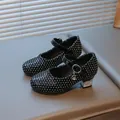 Sparkly black rhinestone girls' Mary Jane high heels with quilted pattern and buckle strap - 26 / Black