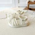 Elegant white girl sandals with pearl straps and adjustable metallic buckle closure - EU 26 / White