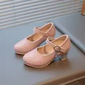 Pink Mary Jane shoes for girls with rhinestone grid pattern and sparkly low heels - 34 / Pink