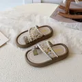 Girls beige sequin sandals with pearl buckle and floral accents for summer style - EU 21 / Gold