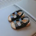 Kinder-Sandalen aus schwarzem Leder mit Doppel-Schnalle und weicher rutschfester Sohle - EU 22 / Schwarz