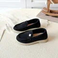 Classic black suede kids loafers with golden buckle and soft non-slip rubber soles - 21 / Black