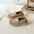 British style khaki suede kids loafers with gold metal buckle and soft rubber sole - 21 / Beige
