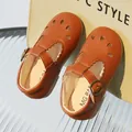 Amber leather T-strap Mary Jane shoes for toddlers with retro cutout details and soft soles - 19 / Brown