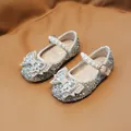 Girls' silver sequined princess shoes with pearl straps and rhinestone bow detail - EU 21 / Silver