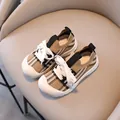 Kids chunky platform sneakers with beige knit upper and non-slip white thick sole - 27 / Brown