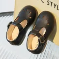 Classic black leather T-bar Mary Janes for children with teardrop cutouts and soft sole - 19 / Black