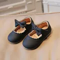 Classic black toddler girls' leather princess shoes featuring a cute bow and wavy trim - 19 / Black
