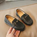 Classic black leather loafers for kids with woven texture and gold metal buckle - EU 26 / Black