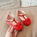 Classic red patent leather Mary Jane shoes for toddler girls with a cute bow accent - 19 / Red