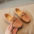 Brown woven texture kids loafers with elegant black and gold buckle detail - EU 26 / Brown