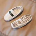 Classic white leather loafers for kids featuring green webbing and anti-slip rubber soles - EU 21 / White