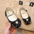 Black patent leather Mary Jane princess shoes for girls with silk bow and pearl accent - 26-30 / Black