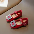 Red patent leather girls Mary Jane shoes featuring a sparkling rhinestone buckle detail - 21 / Red