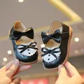 Girls' black matte PU Mary Jane shoes with large bow and lace heart cutouts - 16 / Black