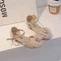 Girl's beige princess shoes with rhinestone heart bow and adjustable ankle strap - 34 / Gold