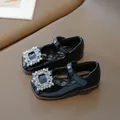 Glossy black patent leather Mary Jane shoes for girls with sparkling rhinestone buckle - 21 / Black